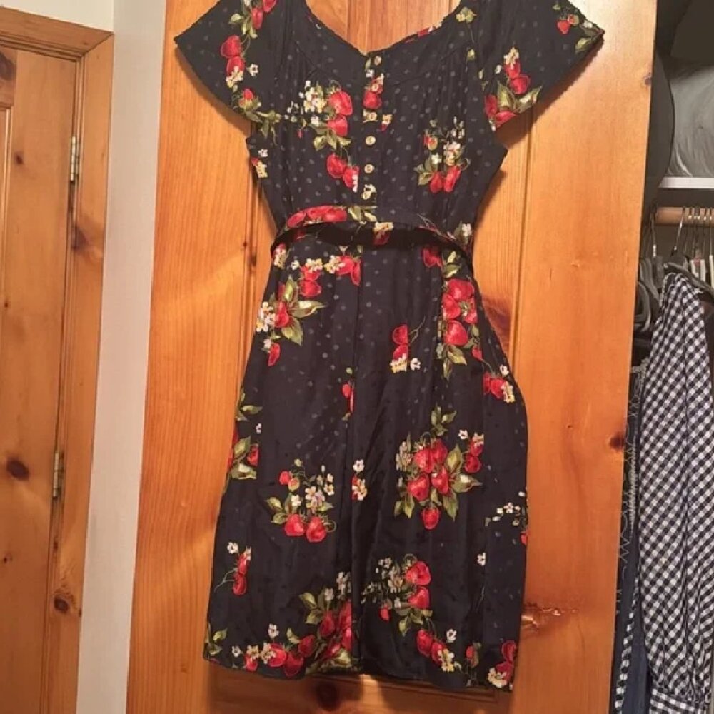 100% Real Silk Retro Navy Dress Vintage 1940s Style Short Sleeve Cottagecore